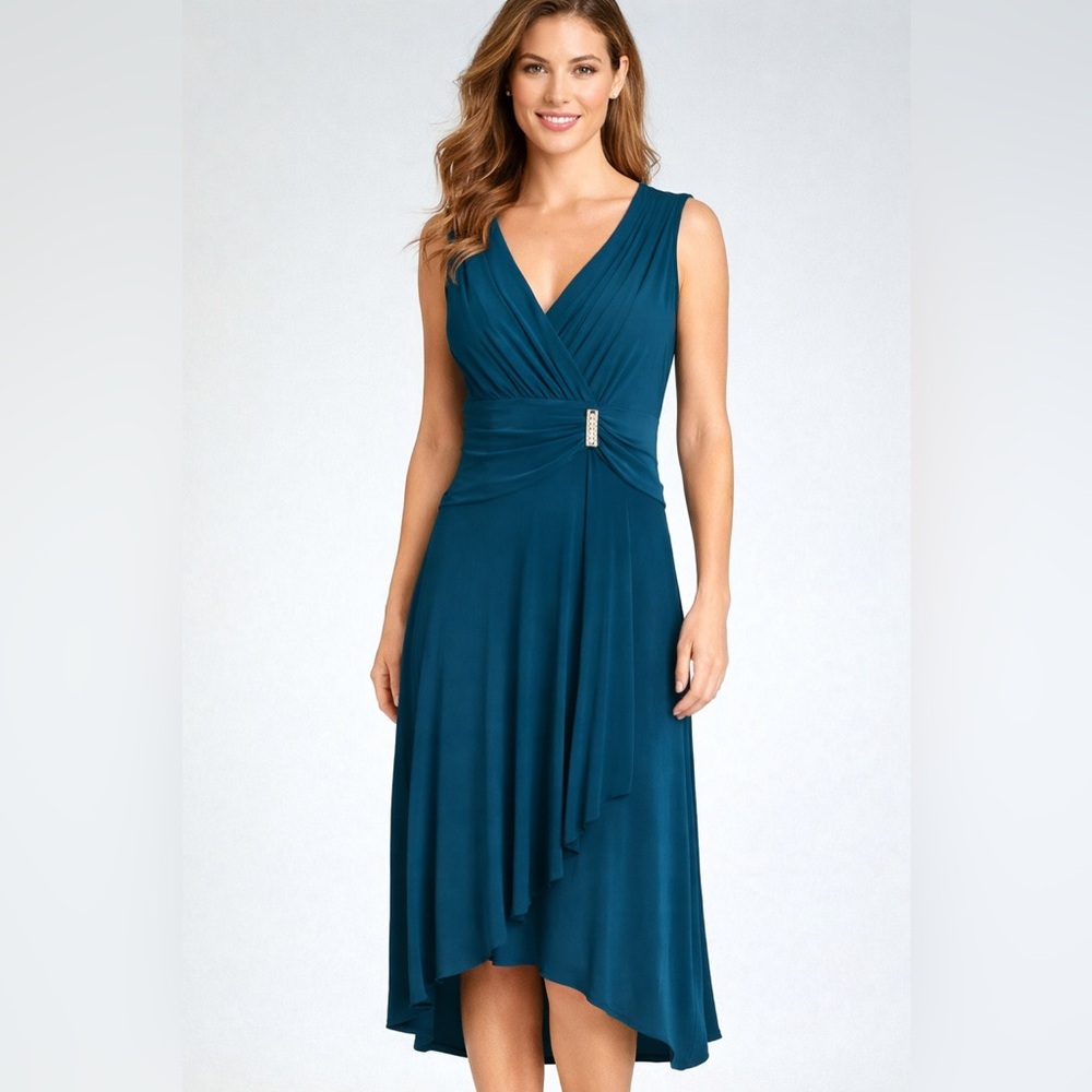 VENUS Teal One-Shoulder Evening Dress with Waist Accent